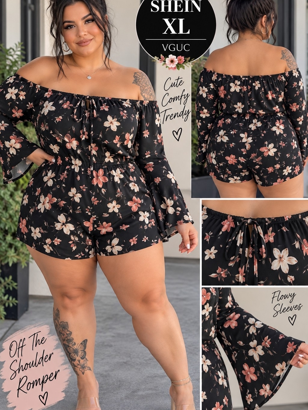 SHEIN Black Floral Off-Shoulder Romper